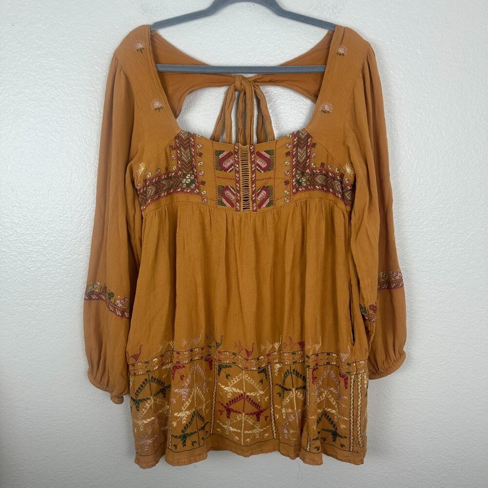 Free People Mustard Embroidered Mini Dress